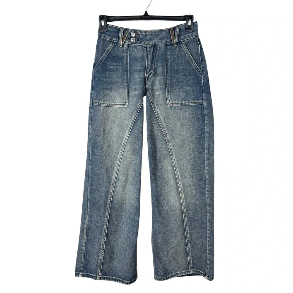 Womens Y2K Baggy Wide Leg Jeans Size 26 Grunge Festival Streetwear 90s Coachella